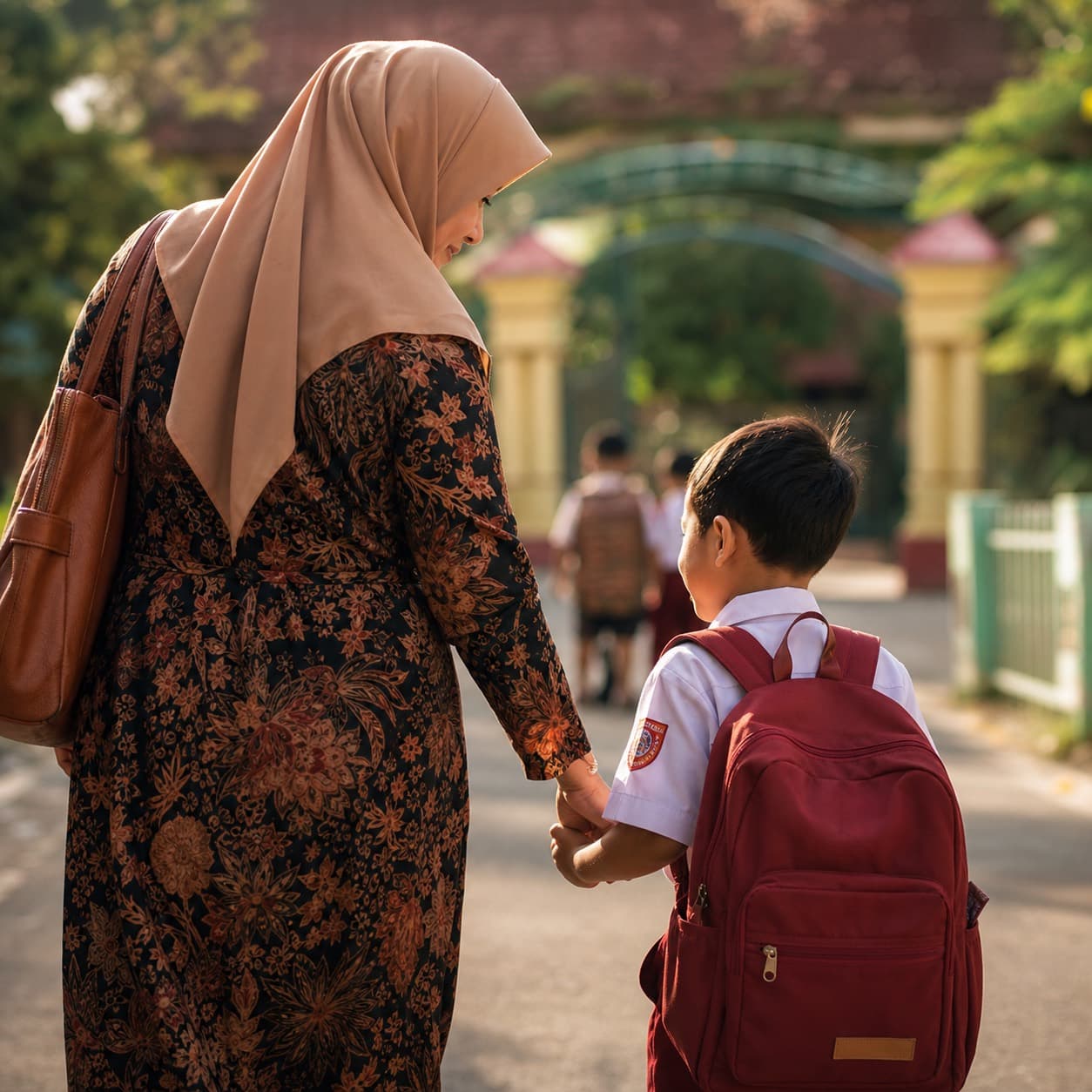 Orang tua mengantar anak pada hari pertama masuk sekolah