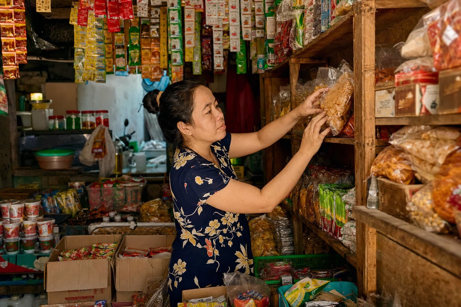 Pemilik warung menata stok dagangan yang baru datang di rak tokonya